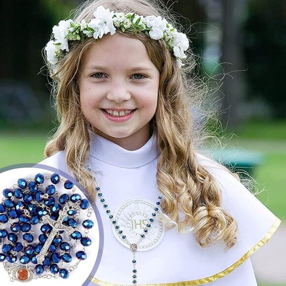 Deep Metallic Blue Crystal Rosary Necklace Jesus Cross Religious Jewelry NWOT - Picture 10 of 13